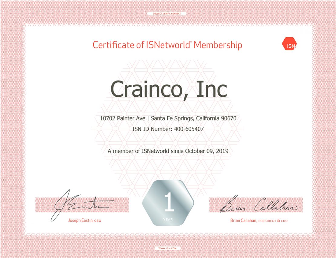 Crainco’s ISNetworld Membership Reinforces Commitment to Safety & Compliance
